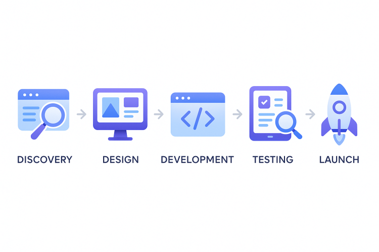 A flat illustration infographic showing 5 steps of website development process: Discovery, Design, Development, Testing, Launch. Minimal clean design, icons with smooth gradients, tech and web design theme, purple and blue color accents.