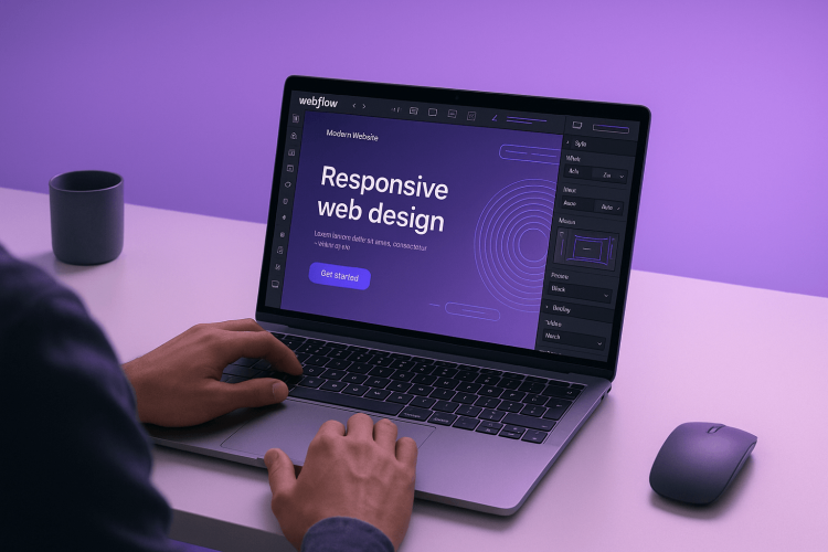 Person working on a laptop with Webflow interface open, representing webflow website development services.